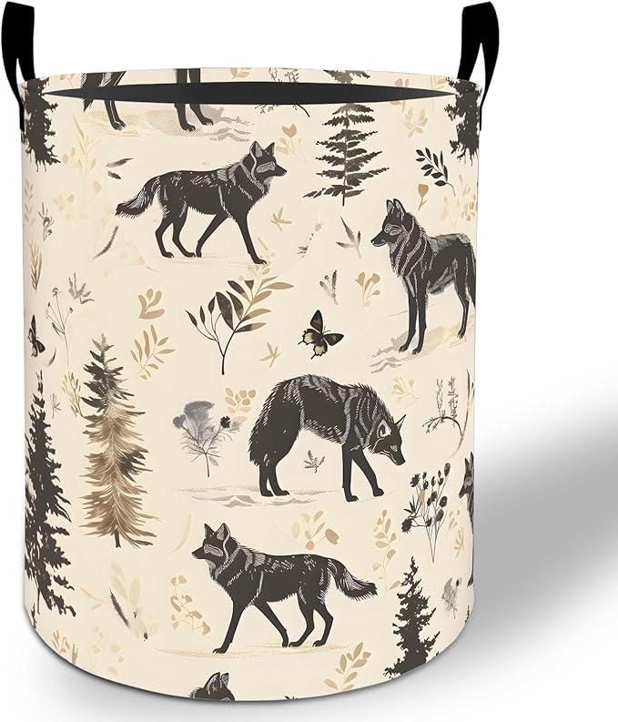 Forest Wolf Laundry Basket Hamper 19.7"x15.8", Animal Foldable Waterproof Oxford Clothes Storage Bucket for Room Bathroom Bedroom Nursery Decor, Toy Organizer Bins Gifts for Kids Boys Girls