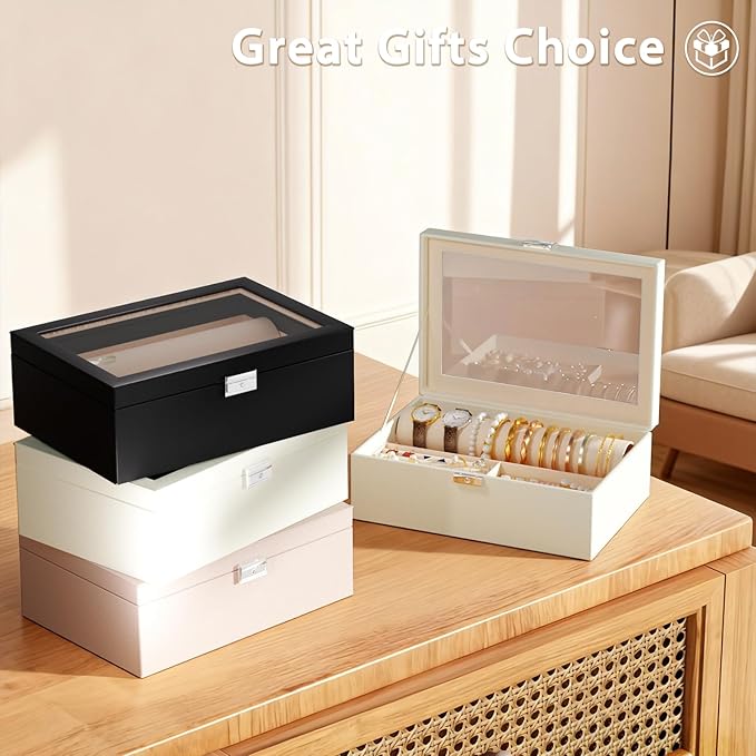 Jewelry Organizer Box with Clear Glass Lid, Bracelet Holder Jewelry Storage Case for Earrings, Rings, Bangles, Watches - PU Leather Jewelry Display Box Gifts for Women Girls, White