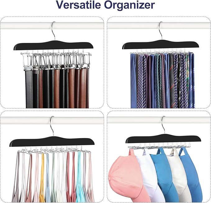 TOPIA HANGER Tie Rack Hanger for Closet, Wooden Tie Organizer for Men with 24 Folding Hooks, Space Saving Necktie Holder for Storage and Display Bra, Tank Top, Camisole (2-Pack), Black- CT14B-2