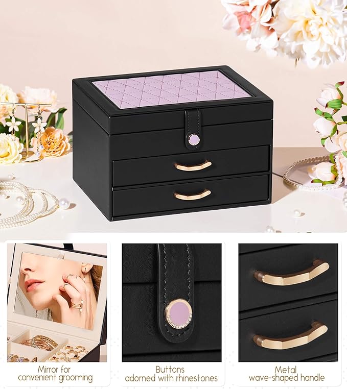 Black Jewelry Box Organizer: Home Decor for Women - 2-Drawer Holder for Valentine’s Day Birthday Gift Black Grey-Purple