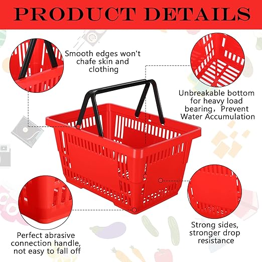 12 Pcs Shopping Baskets 20 L Plastic Store Retail Baskets with Handles 16.9 * 11.8 * 9.1 Inches for Market Grocery Supplies Thrift Convenience Storage(Red)