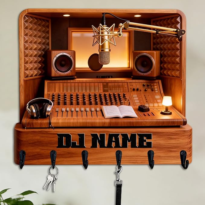 Personalized 2D Flat Print Music Producer Themed Wall Hooks for Women Men Family Friends Custom Music Recording Studio Key Storage Holder Radio Station Coat Rack Home Decor Gift for Culb Living Room