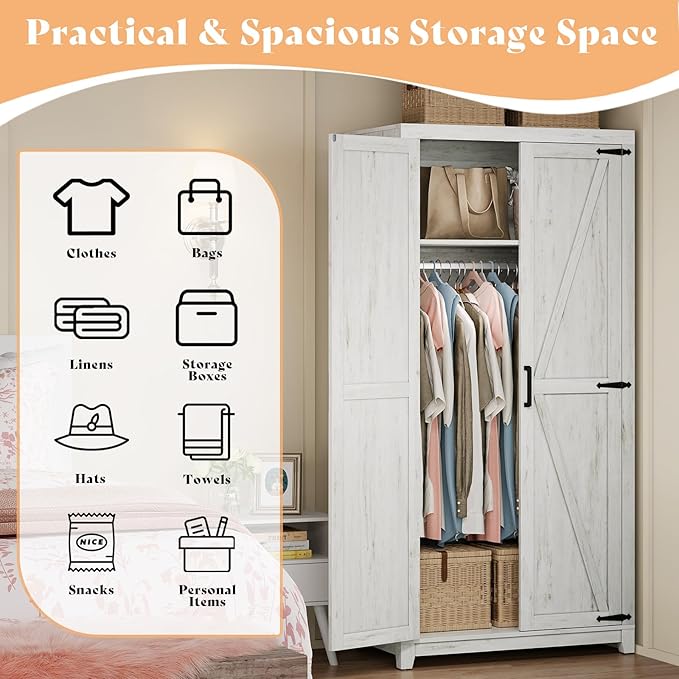 AMERLIFE Farmhouse Armoire Wardrobe Closet with 2 Barn Doors, 71'' Storage Cabinet with Hanging Rod & Shelf, Versatile Clothing Storage for Bedroom, White