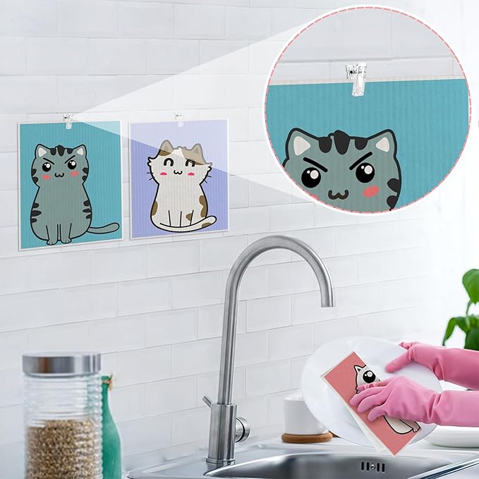 Needbrock 6 Pack Swedish Dishcloths for Kitchen, Swedish Rags Absorbent Cat Dish Cloths Dish Towels with Adhesive Clips, Reusable Paper Towels No Odor for Cleaning Kitchen Valentines Gifts for Women