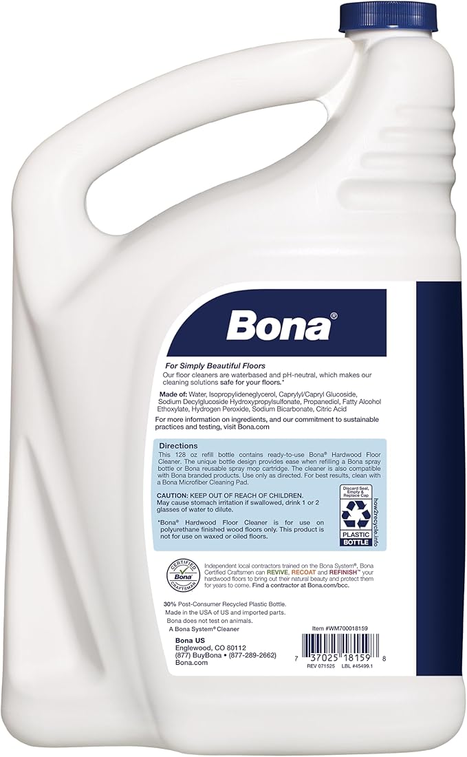 Bona Hardwood Floor Cleaner Refill - 128 fl oz - Unscented - Refill for Bona Spray Mops and Spray Bottles - Residue-Free Floor Cleaning Solution for Wood Floors
