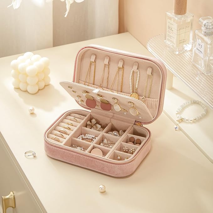 CASEGRACE Plush Velvet Travel Jewelry Box, Portable Jewelry Case for Women Girls, Double Layer Jewelry Organizer Display Box for Necklace Earring Rings Bracelet, Travel Accessory Gifts, Pink