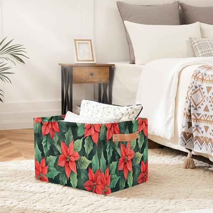 Storage Baskets Bin, Christmas Winter Poinsettia Collapsible Canvas Fabric Storage Bin Decorative Baskets Toy Organizer Rectangle Storage Boxes with Handles for Home Shelves Nursery, J-005