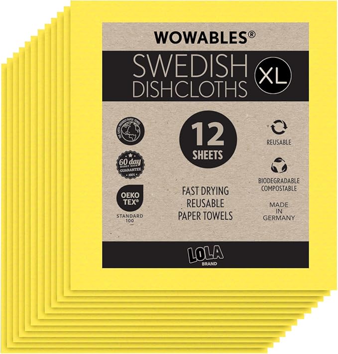 LOLA Swedish Dishcloths for Kitchen XL, 12 Sheet Roll, Biodegradable & Compostable, Reusable Paper Towel Cleaning Cloths, 11" x 10", No Odor, Washing Dishes, Ultra Absorbent Cellulose Sponge Towel