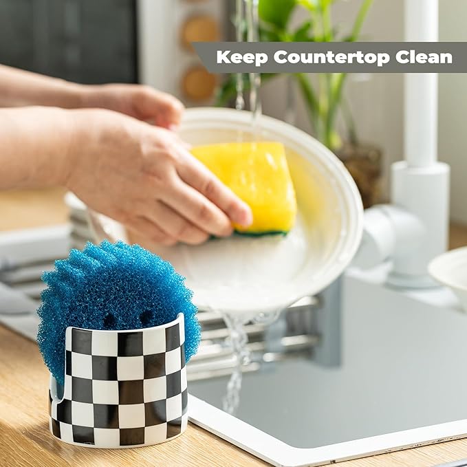Zoeeker Checkered Kitchen Sink Sponge Holder, Dish Sponge Rack Ceramic Brush Holder Farmhouse Kitchen Dish Rack for Brush, Scrubbers, Bathroom, Sink, Black and White