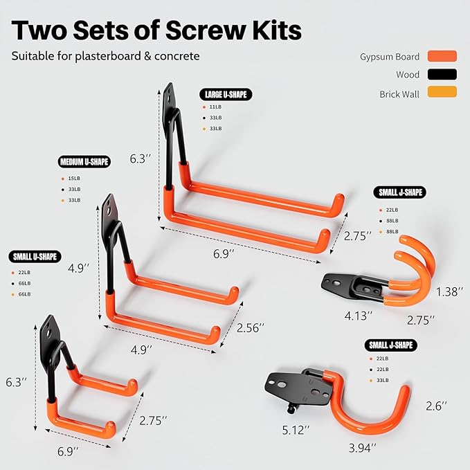 Garage Hooks Heavy Duty 14 Pack Utility Wall Mount Storage Hangers with Mop Broom Holders Extension Cord Holder Organizer for Power Tool Garden Tool Ladder Hose