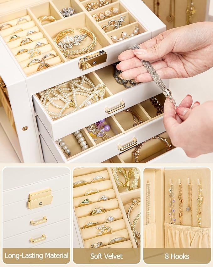 Homde 2 IN 1 Jewelry Box for Women Girls with Small Travel Case Mirror Necklace Ring Earrings Organizer(White + Gold)