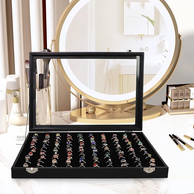 Wudygirl 100 Slot Ring Holder Display Case - Black Jewelry Organizer with Transparent Lid