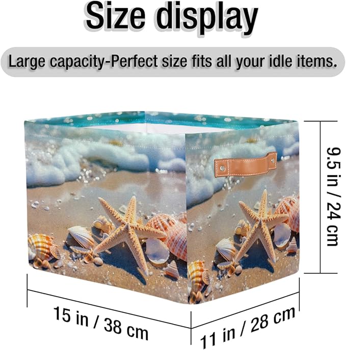 Ocean Starfish Seashell Storage Basket for Shelves, Storage Bins with Handles, Collapsible Basket for Organizing, Closet Toy Baskets for Nursery Room, 15x11x9.5 in, Canvas, Sea Beach