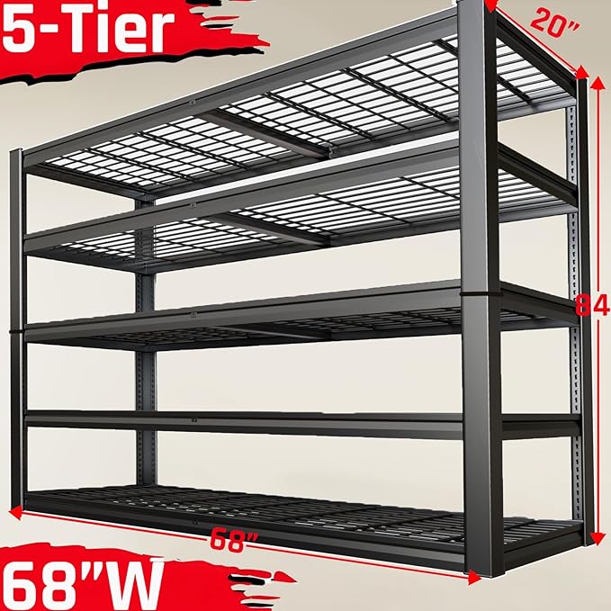 SKZNSA 68" Wide Heavy Duty Garage Shelving Units, 5-Tier Deep Storage Shelves,Black Metal Garage Shelves,Steel Shelf,Large Storage Rack,Industrial Shelving for Shop, 68" W x 20" D x 84" H,2 Pack