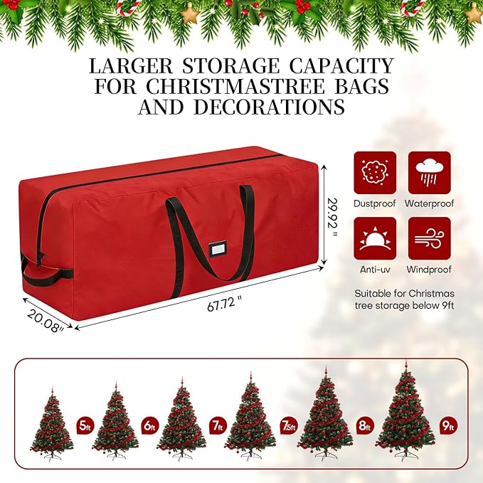 Christmas Tree Storage Bag - Fits Up to 9 Ft Large Artificial Christmas Tree, Heavy Duty 600D Oxford Cloth Xmas Tree Container with Handles & Zipper - Red