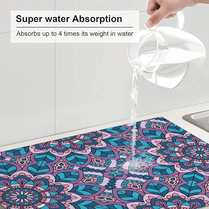 Boho Blue Purple Floral Pattern Dish Drying Mat 18x24 For Kitchen Counter Absorbent Microfiber Dishes Pad Dish Drainer Rack Mats Fast Dry Kitchen Accessories