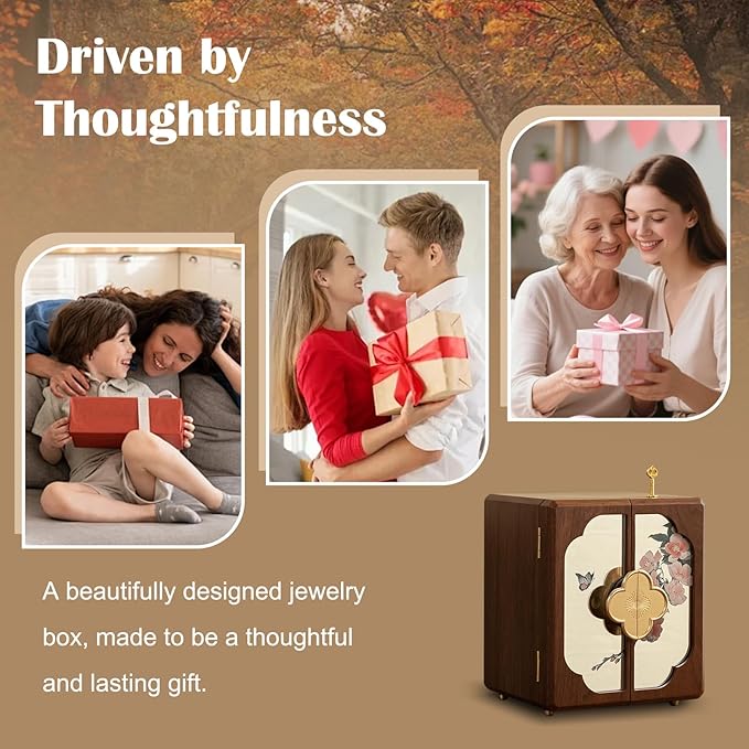 KINTNESS Black Walnut Wooden Jewelry Box with Lock - 5 Layers Large Jewelry Organizer for Women Girls, Flower-Mirror Jewelry Safe with Key for Bracelet, Necklace, Ring, Earring