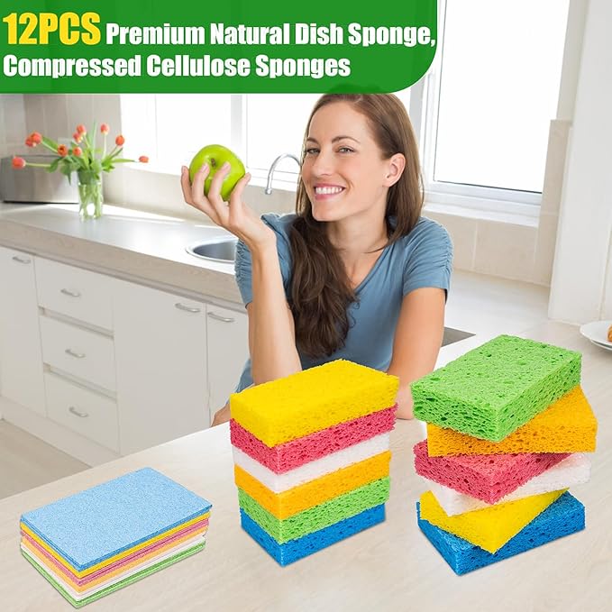 VUKOKU 12 PCS Kitchen Sponges, Natural Compressed Cellulose Sponges, Non-Scratch Reusable Sponges for Kitchen Dish Washing, Scrub Sponge for Cleaning, Bathroom, Cars, Cut-Outs DIY