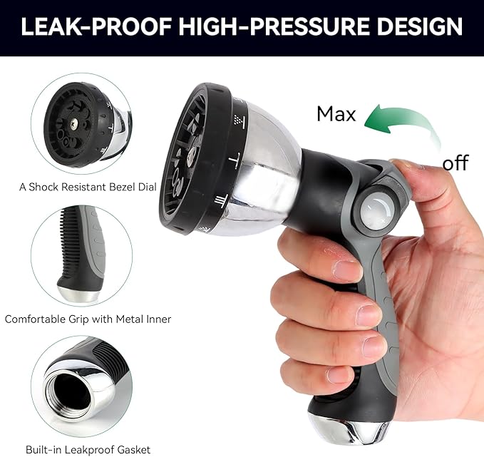 AnyEasy Garden Water Hose Nozzle Metal Heavy Duty Sprayer Thumb Control with 10 Spray Modes Suitable for Watering Plants, Iawn and Garden, Car Washing, Cleaning, Showering Pets and Outdoor Fun, Gray