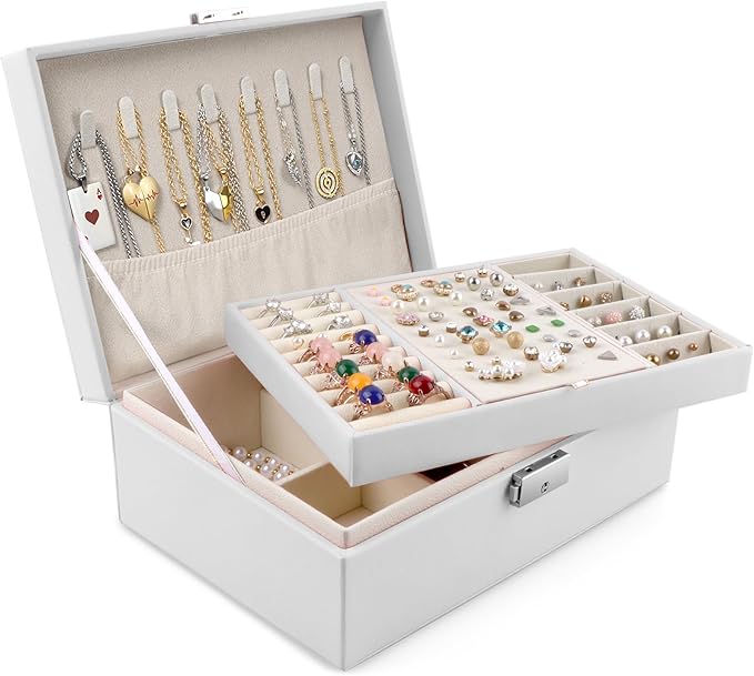 Homeanda Jewelry box 2 layer Jewelry box Leather Jewelry boxes for Women Girls Teens Jewelry organizer box Jewelry Storage box with lock(White)