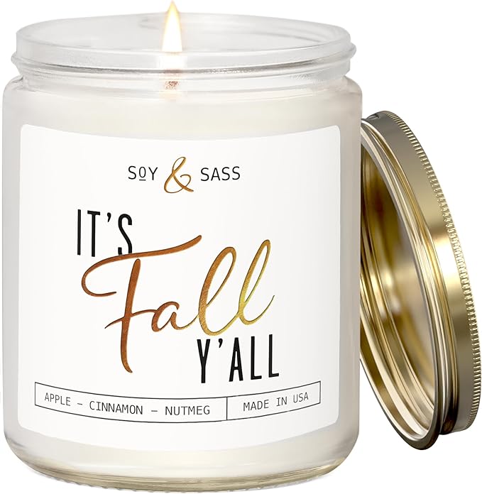 Fall Candles - 'It's Fall Yall' Candle w/Apple Cinnamon & Nutmeg I Infused with Essential Oils I Autumn Scented Candles I Cozy Cute Décor Gifts I 9oz Jar I 50Hr Burn I Made in USA