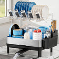 Ewaiira Dish Drying Rack, 2 Tier Large Dish Rack, Stainless Steel Dish Drainer for Kitchen Counter, Dishes Rack with Automatic Drainage, Utensil Holder,Cups Holder,Space Saving Kitchen Organizer,Black