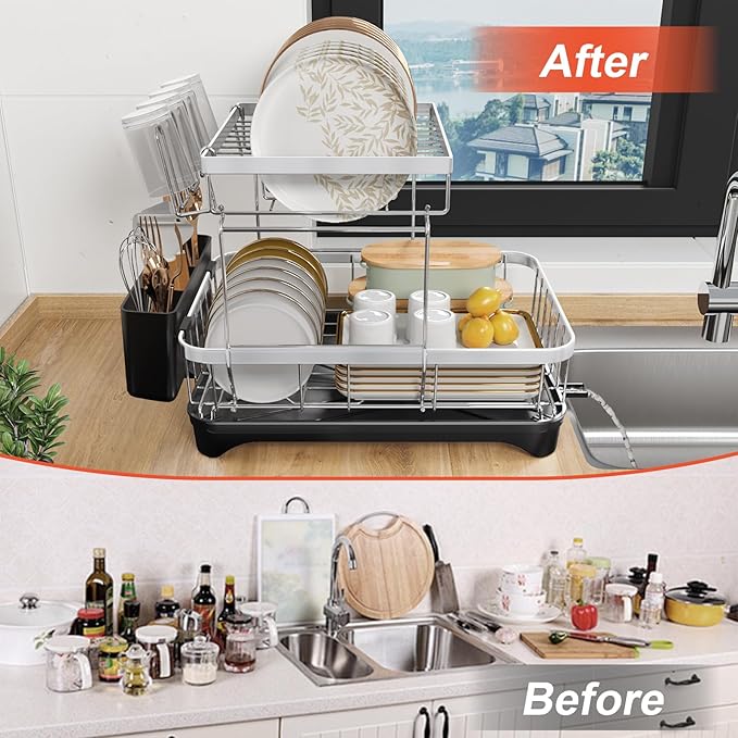 HOMEAILIE 2-Tier Dish Drying Rack for Kitchen Counter, 304 Stainless Steel with Adjustable Drainboard, Removable Utensil Holder & Water Filter Tray, Black