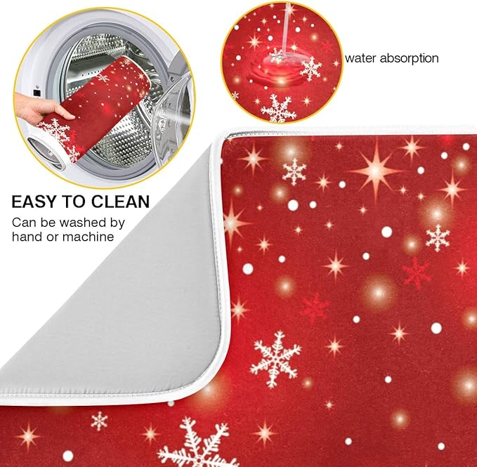 Christmas White Snowflake On Red Background Dish Drying Mat 18x24inch Dish Drainer Kitchen Counter Mats Bottles Dish Dry Pad Protector for Kitchen Countertops