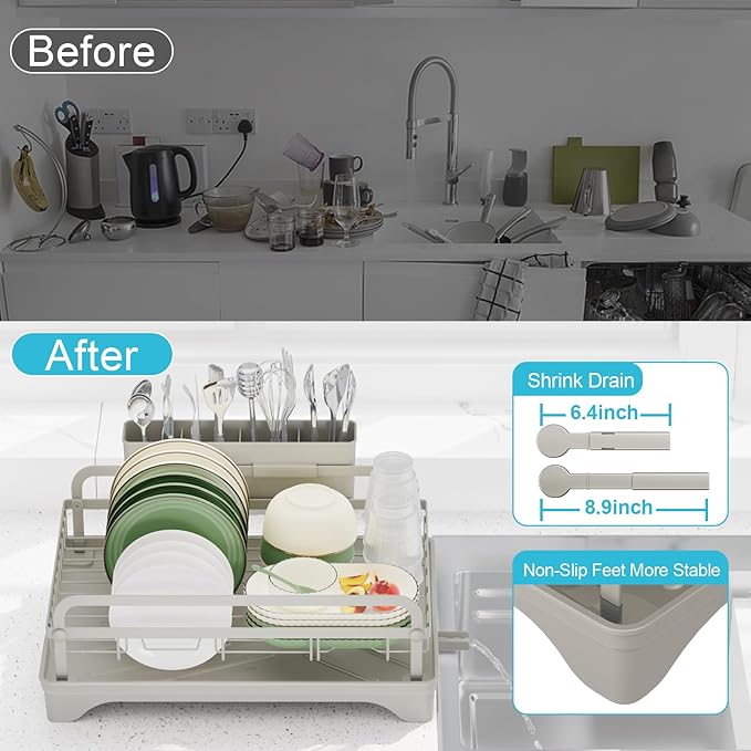 HOMEBOSILY Dish Drying Rack - Space-Saving Dish Rack,Dish Racks for Kitchen Counter with Drainboard,Rustproof Countertop Dish Drainer with Utensil Holder for Sink Grey