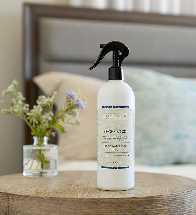 FIELD FLEUR Beachwood Linen & Room Spray 15.5 oz - Aromatic & Refreshing Bedding & Fabric Mist - Air Freshener for Clothes & Sofas - Notes of Peach, Orange Blossom, Moss & Sandalwood -Made in USA