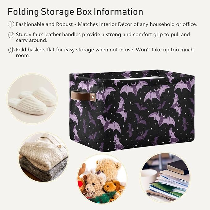 ALAZA Halloween Star Bat Black Foldable Storage Box Storage Basket Organizer Bins with Handles for Shelf Closet Living Room Bedroom Home Office 2 Pack
