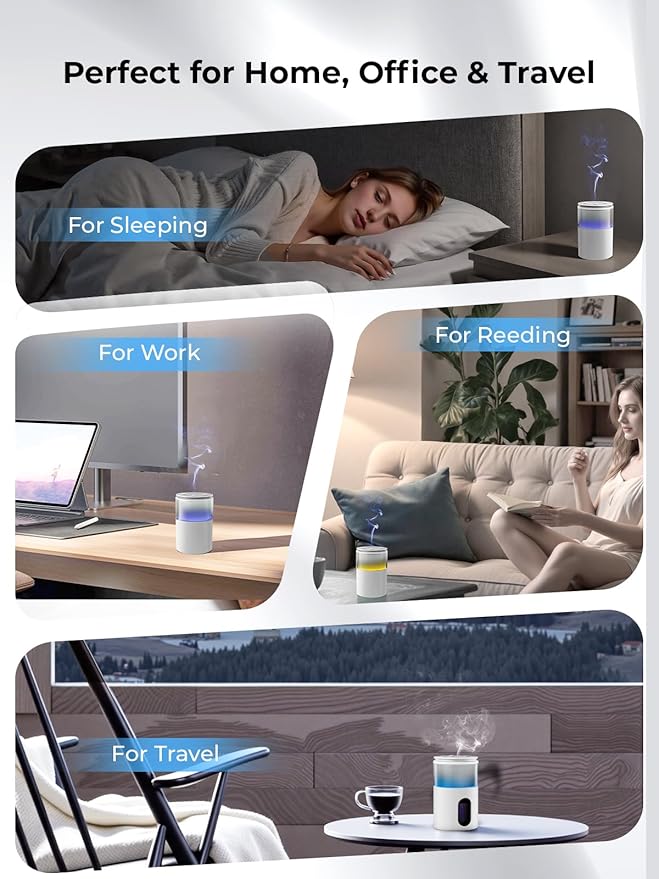 Waterless Diffuser for Essential Oil: Mini Battery Scent Diffuser for Room&Home&Car with 9 Colors LED Light - Aroma Cool Mist Machine Snow White