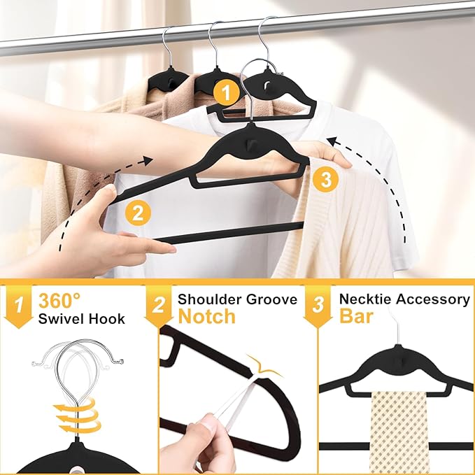 UEAKPIC Velvet Felt Stackable Hangers 50 Pack, Non Slip, with 360° Swivel Hook, Ultra Thin and Space Saving for Suits, Shirts, Coats, 15Lbs Capacity Heavy Duty, Black