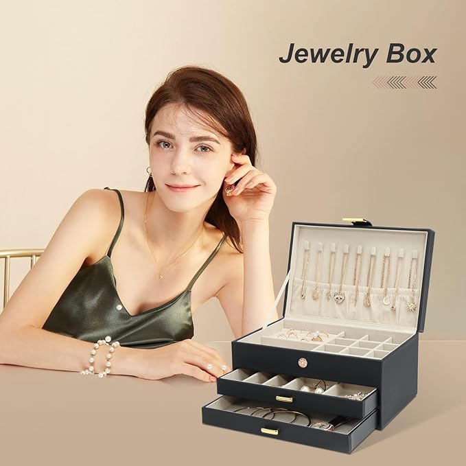 Jewelry Holder Organizer, Leather Jewelry Set Box with 2 Drawers, Jewelry Storage Box for Women Girls(Black)