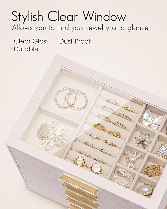 Vlando Jewelry Box for Women Girls,Jewelry Organzier,5 Drawers,Glass Lid Jewelry Organizer Storage for Gem Diamond Necklaces Rings Earrings Bracelets Apricot White