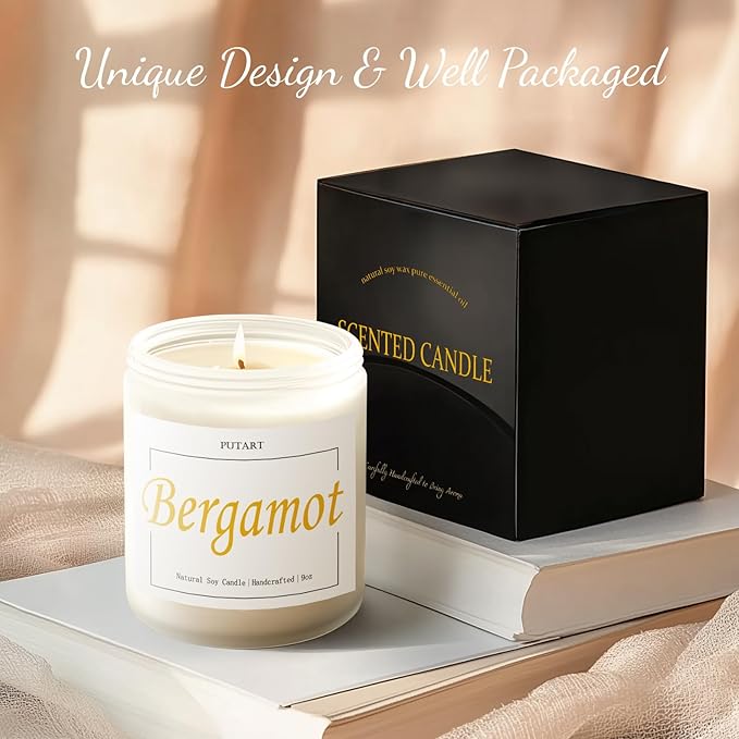 Bergamot & Green Tea Scented Candles for Home, Natural Soy Wax Aromatherapy Non Toxic Candle Gift for Women Men, Home Fragrance Decoration Glass Jar Candle for Meditation and Relaxation (9oz