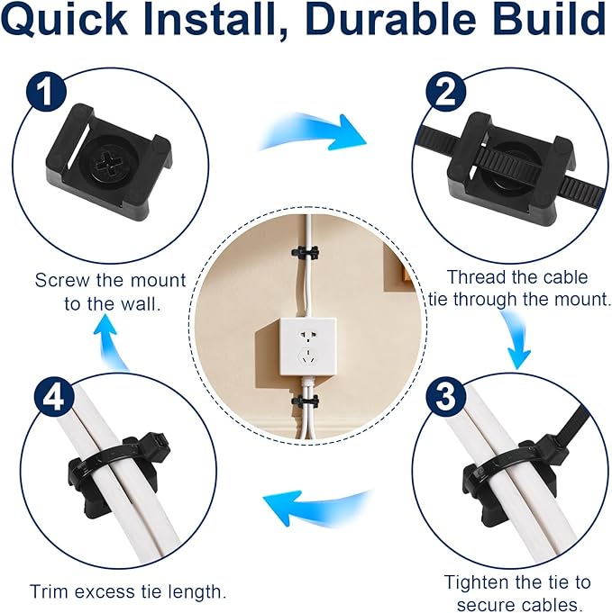 SLEYUIM Premium Cable Zip Tie Mounts Kit - 60 Packs Wire Management Holder & Cable Clips, 8" High-Strength Nylon Ties & 5M Screws, Heavy Duty Fasteners for Wall/Desk, Indoor & Outdoor Cable Organizer
