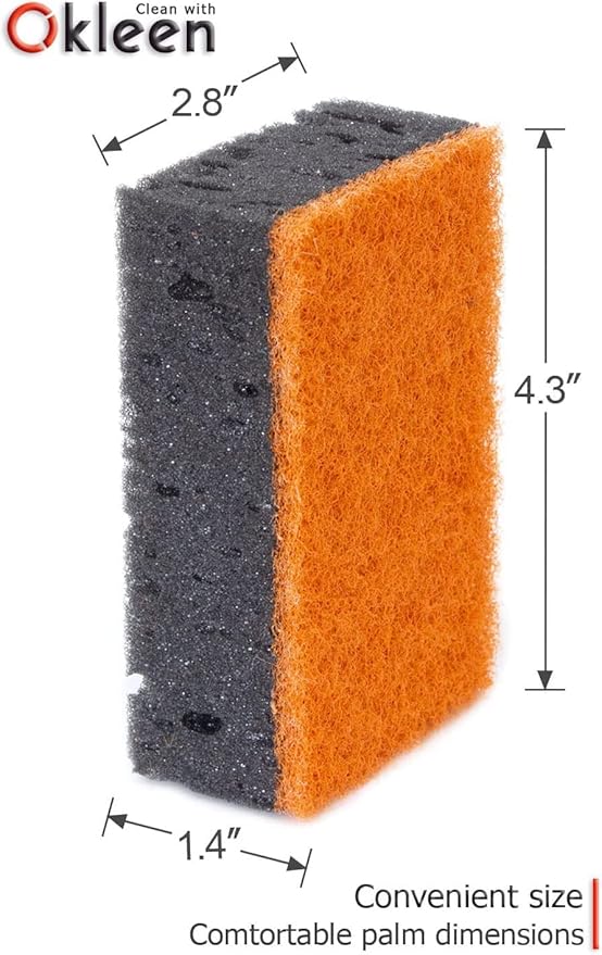 Okleen Black & Orange Multi Use Scrub Sponges. Made in Europe. 18 Pack, 4.3x2.8x1.4 inches. Heavy Duty and Non Scratch Fiber. Odorless Durable and Delicate Halloween Holiday Sponges