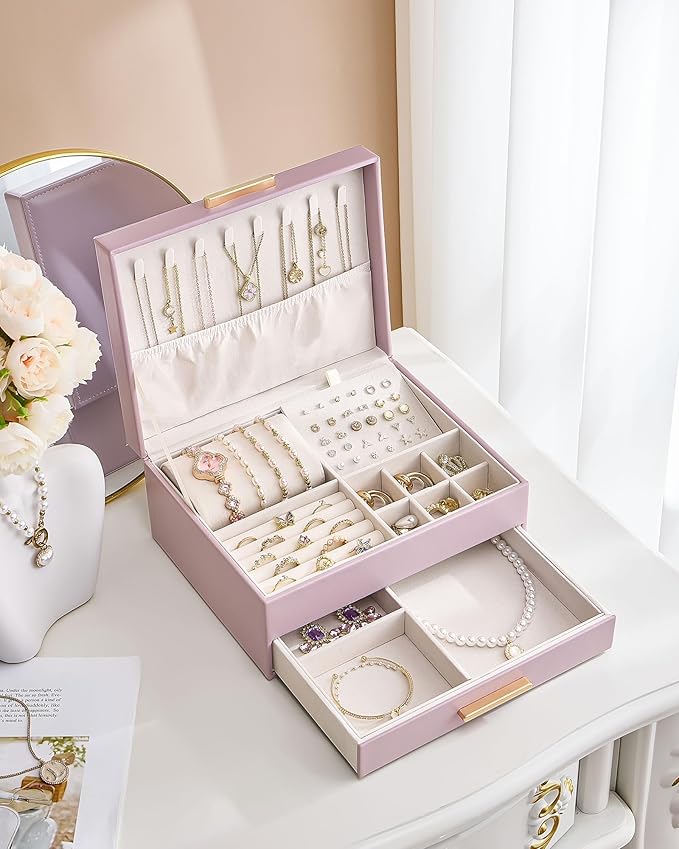 Lolalet 2-Layer Jewelry Boxes Organizer for Women Girls, Jewelry Storage Case Holder with Drawers for Necklaces Rings Earrings Bracelets Watches, Gifts Choice for Girlfriend Wife -Purple