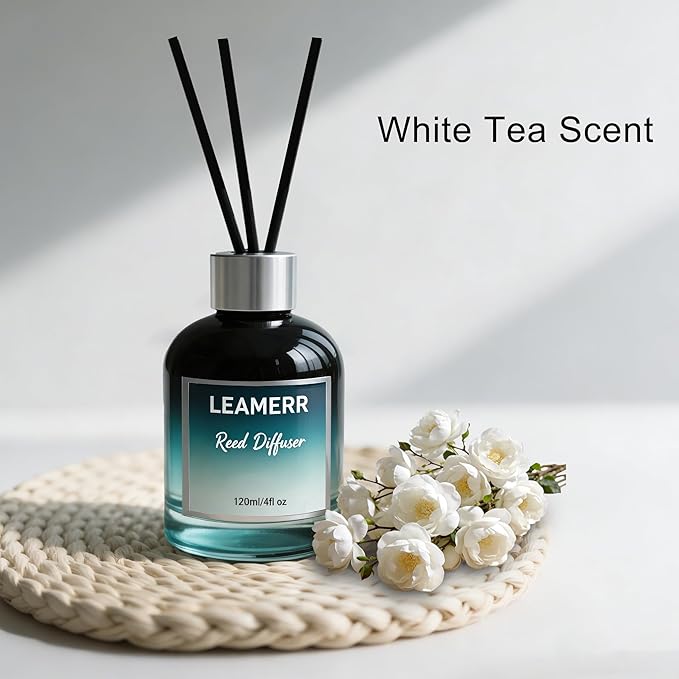 White Tea Reed Diffusers for Home, 4 oz (120mL) Aromatherapy for Relaxation & Air Freshener. Perfect for Home, Bathroom, Office & Room Decor, Calming Botanical Scent
