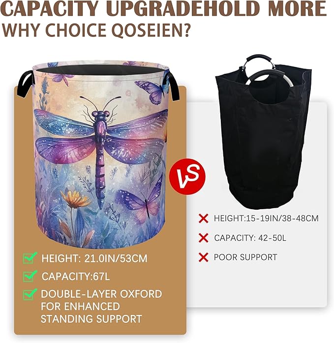 Dragonfly Butterfly Laundry Hamper,Collapsible Laundry Baskets,Colorful Wild Flowers Dirty Clothes Baskets with Handles,Oxford Cloth Hamper for Bedroom,Bathroom,College Dorms, 16"x20"