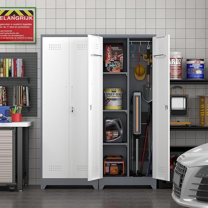 65" H Broom Closet Storage Cabinet, Garage Storage Cabinet with Adjust Shelves,Utility Cabinet,Utility Closet for Garage,Gray-White