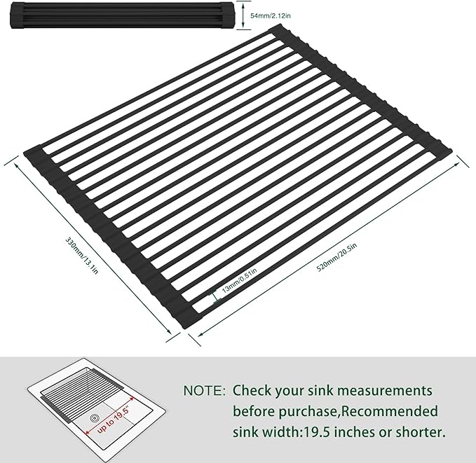 HANZENMA Roll Up Dish Drying Rack Over The Sink Kitchen Roll Up Sink Drying Rack Multipurpose Foldable Sin Drying Mat, Heat-Resistant, Anti-Slip & Anti-Rust Dish Rack for Kitchen, 20.5" x 13", Black
