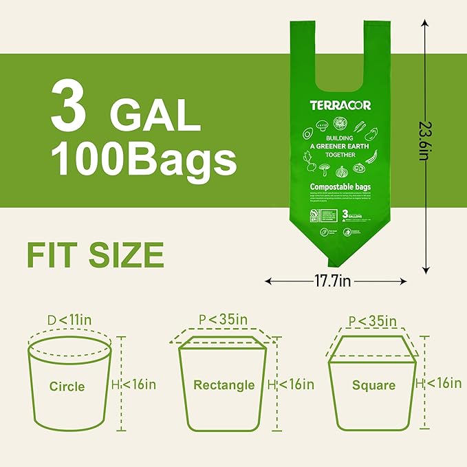TERRACOR Compost Bags, Handle Tie Food Scrap Bags 3 Gallon,100 Count,Certified by BPI and ASTM D6400, Kitchen Compost Bin Compatible