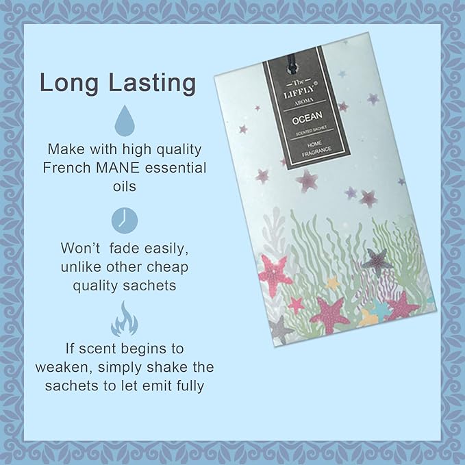 LIFFLY 14 Packs Scented Sachets Bag for Drawers and Closets Long-Lasting Home Fragrance Sachet Lavender Rose Jasmine Ocean Vanilla Sandalwood 6 Different Scent Gift Box