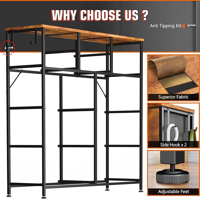 10 Drawer Dresser, Chest of Drawers for Bedroom, Fabric Dresser Drawers with Side Pockets, Hooks, Wooden Top and Sturdy Metal Frame for Living Room, Closet, Hallway (Brown)