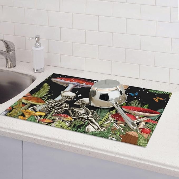 Red Mushroom Skull Dish Drying Mat 18x24 For Kitchen Counter Absorbent Microfiber Dishes Pad Dish Drainer Rack Mats Fast Dry Kitchen Accessories
