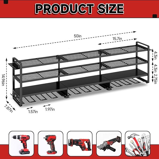 CRELYSTER 50" W Large Power Tool Organizer Wall Mount, Load 600lbs, 4 Layer Heavy Duty 12 Cordless Drills Holder, Battery Tool Storage Rack for Workbench, Workbench,Garage,Shed
