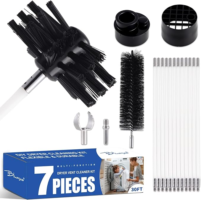 Bluesea 7 Pieces 30 Feet Dryer Vent Cleaner Kit, Reinforced Nylon Dryer Vent Cleaning Kit, Durable Dryer Vent Brush Vacuum Attachment with Flexible Lint Trap Brush, Vacuum & Dryer Adapters