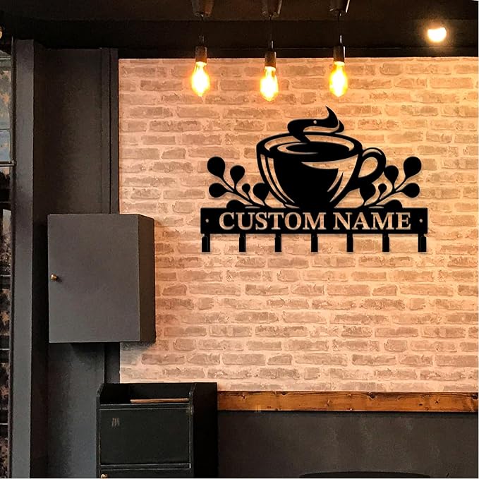 Personalized Custom Name Coffee Bar Wall Keys Hooks,Metal Coffee Shop Art Clothes Hooks,Metal Coffee Lover Wall Home Storage Decorative,For Front Door, Hallway, Kitchen, Bedroom,Keys,Hats (Style A)